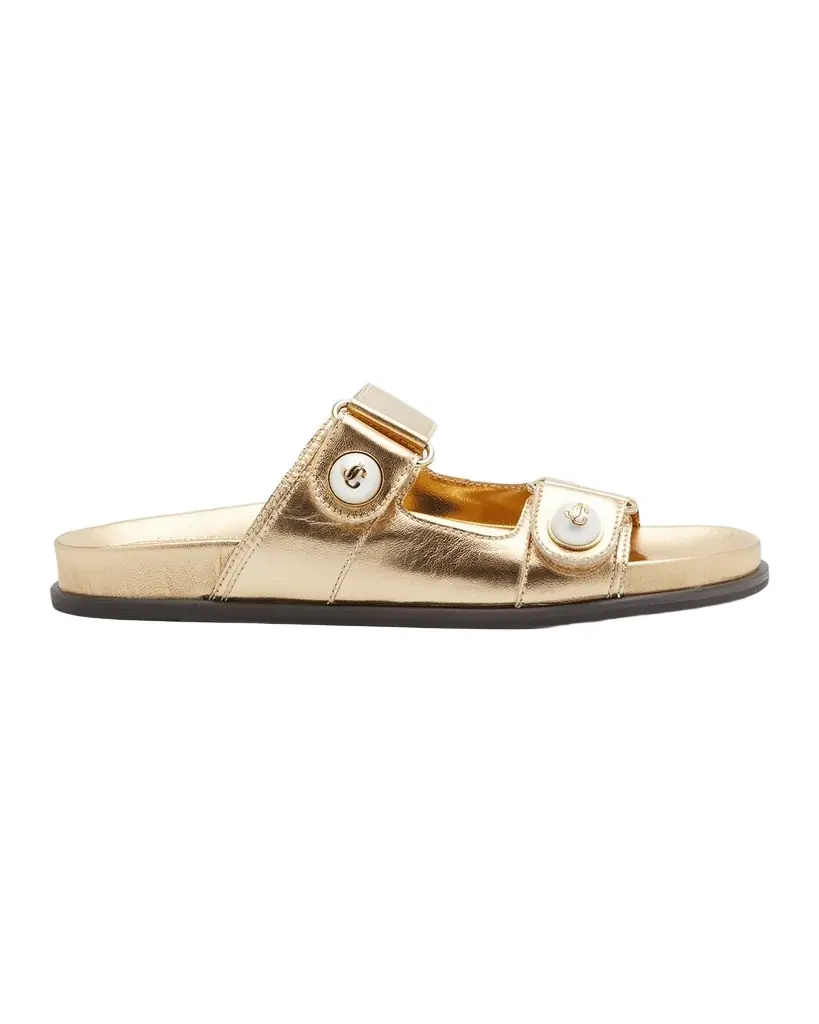 Jimmy Choo Fayence Metallic Pearly-Button Slide Sandals