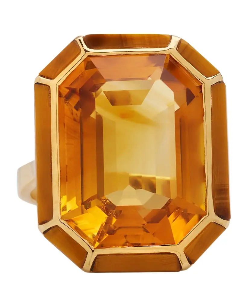 Goshwara 18K Yellow Gold Emerald-Cut Citrine Ring With Tiger Eye