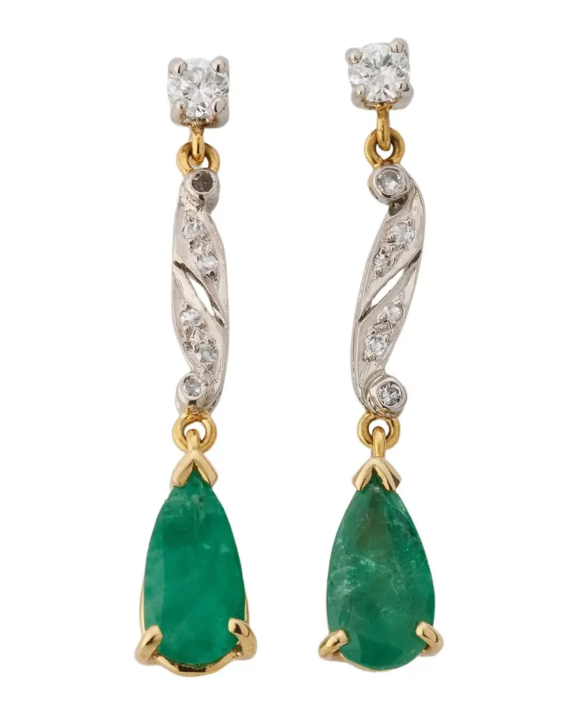 NM Estate Estate Platinum and 18K Yellow Gold Emerald and Diamond Drop Earrings