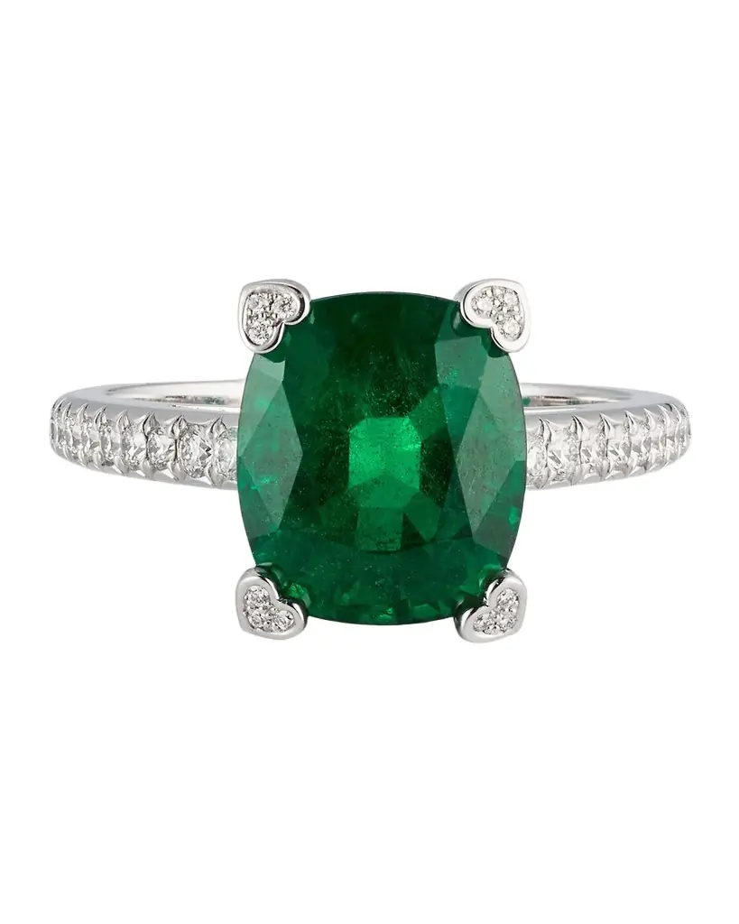 Chopard 18K White Gold Emerald Solitaire Ring with Diamonds, Size 53