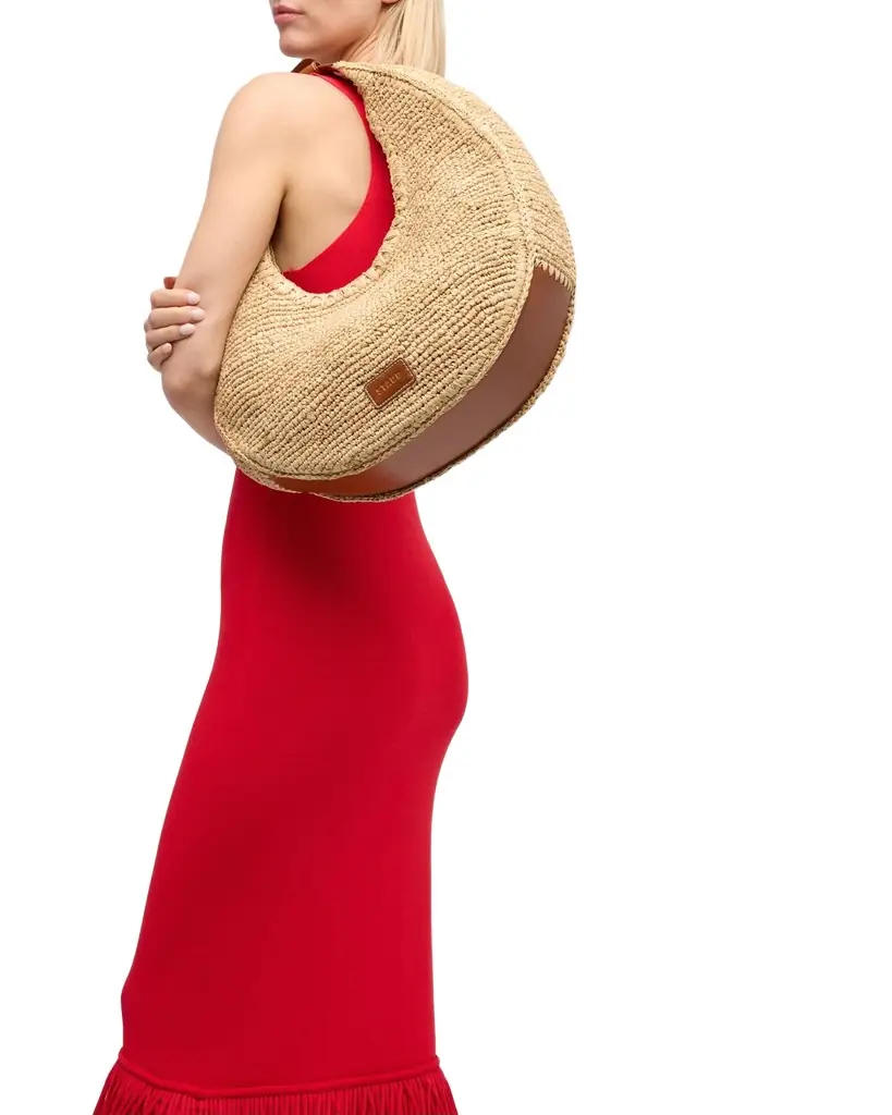 STAUD Large Moon Raffia Tote Bag