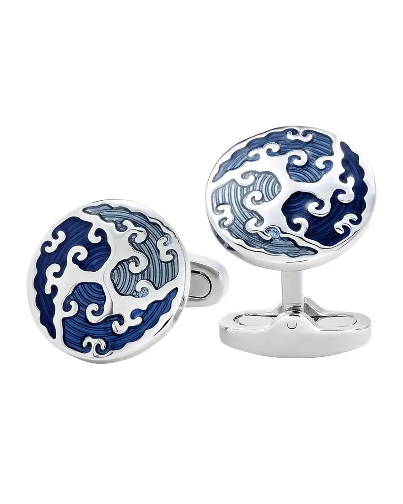 Link Up Men 's Round Blue Wave Cufflinks