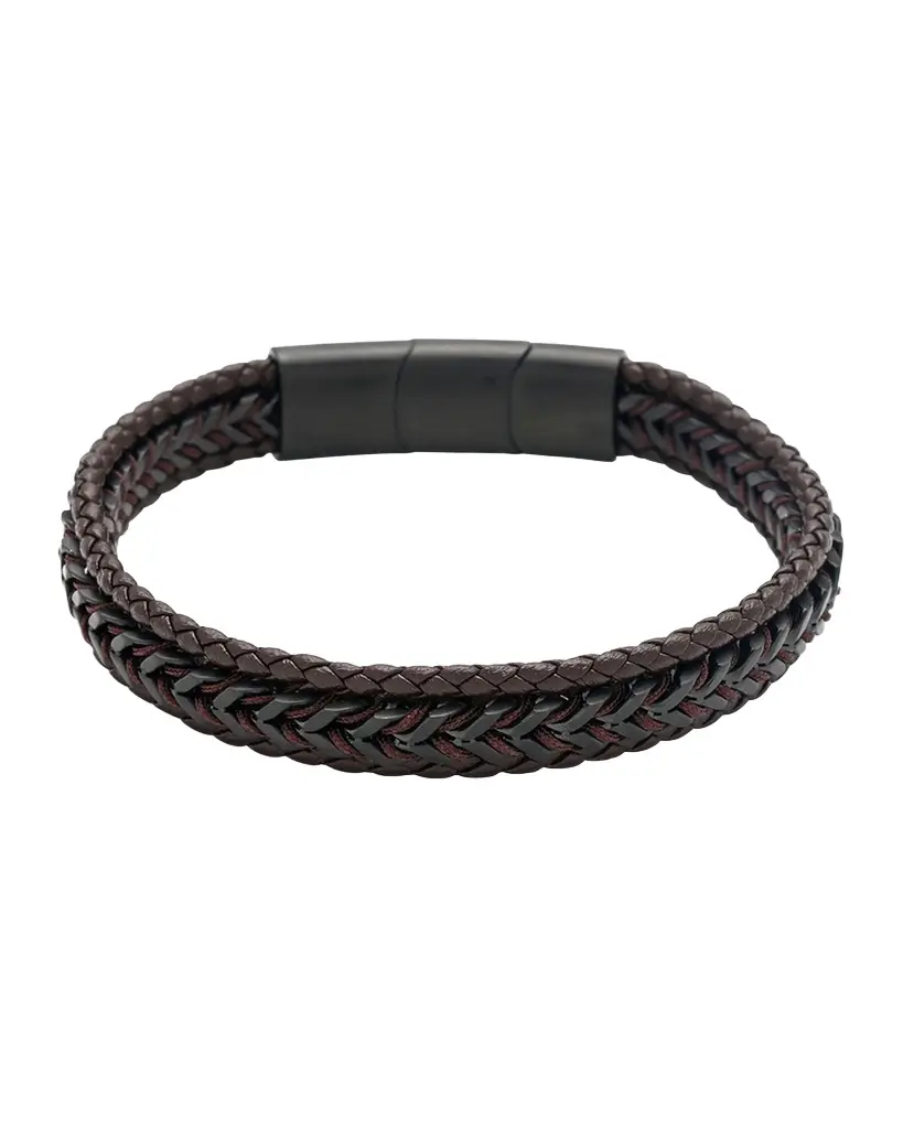Link Up Men 's Woven Leather and Stainless Steel Bracelet