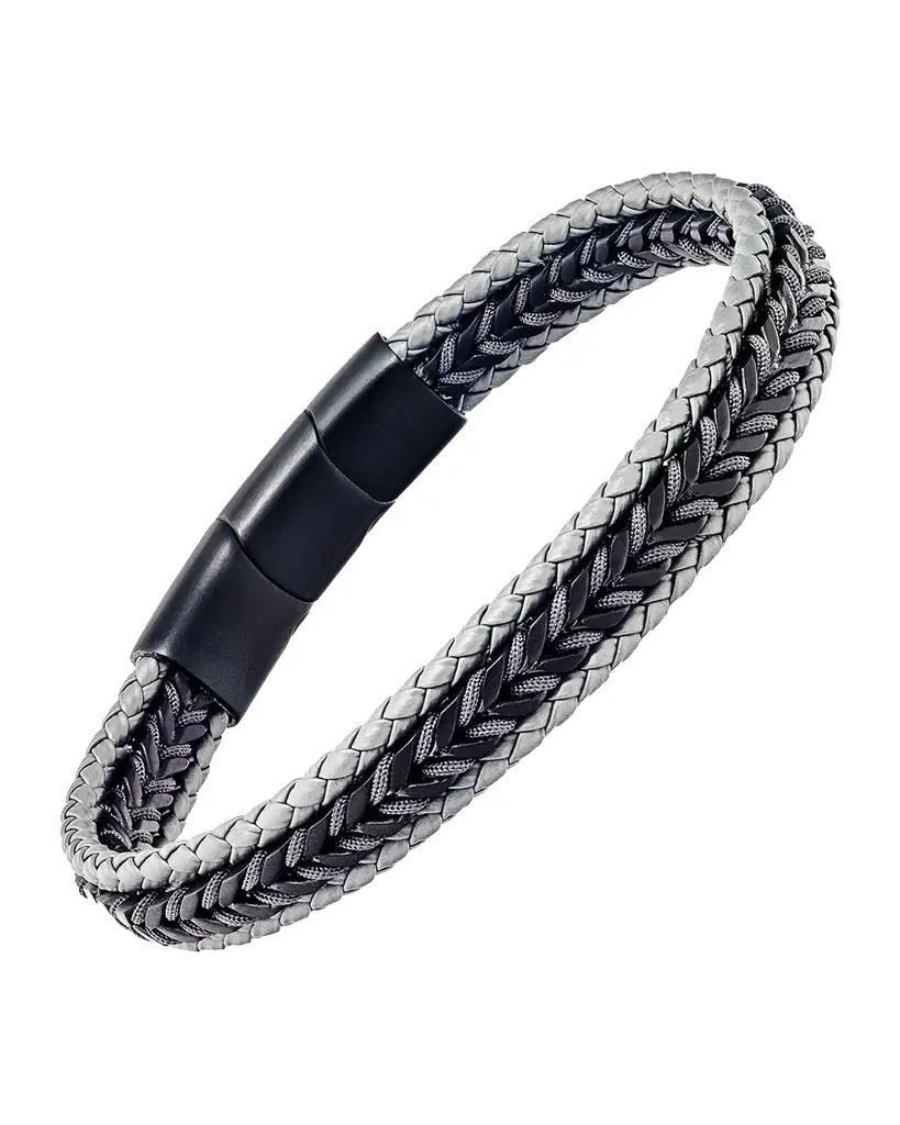 Link Up Men 's Woven Leather and Stainless Steel Bracelet