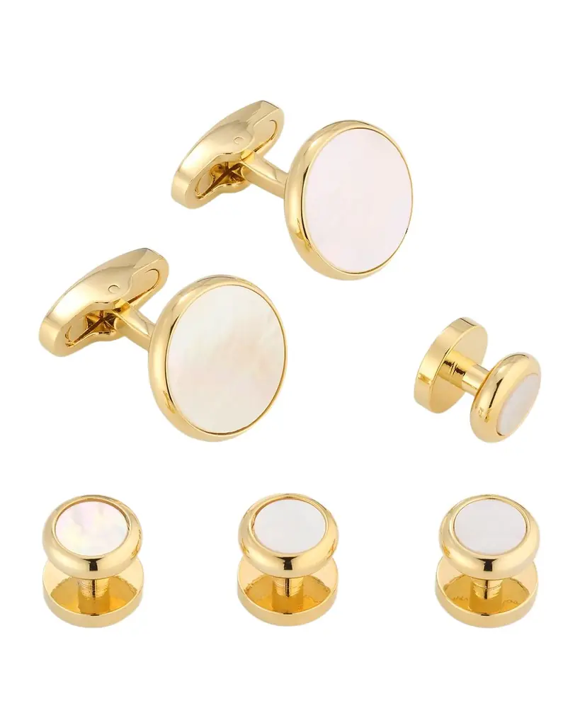 Link Up Men 's Classic Round Mother-Of-Pearl Cufflink Stud Set