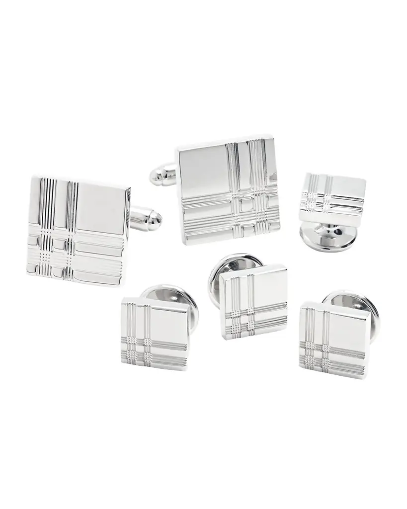 Link Up Men 's Square Silvertone Plaid Cufflink Stud Set