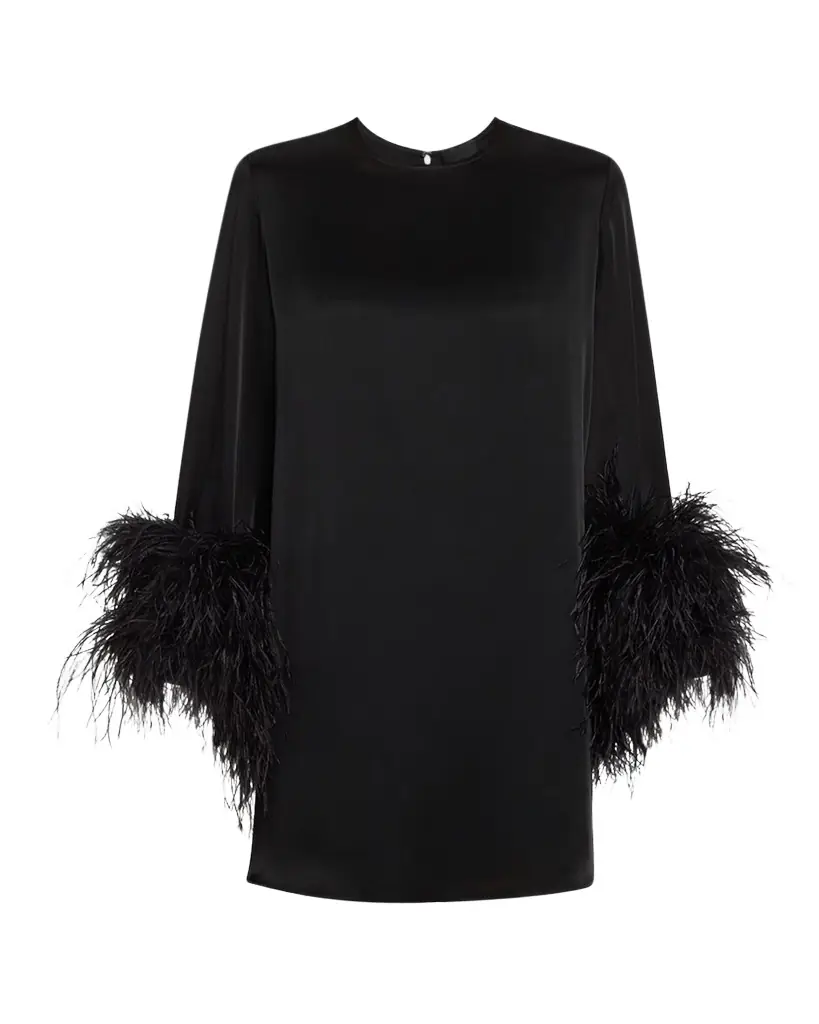 LAPOINTE Double-Face Satin Shift Dress with Ostrich Feathers
