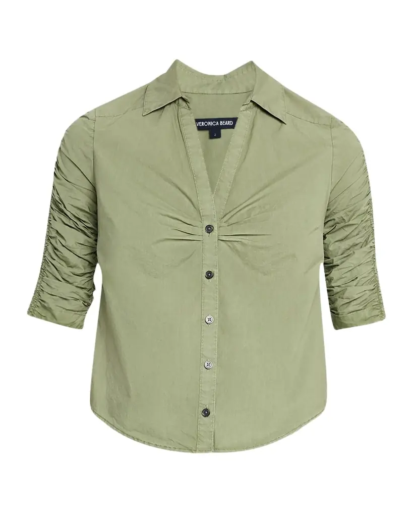 Veronica Beard Porta Ruched-Sleeve Button-Front Shirt