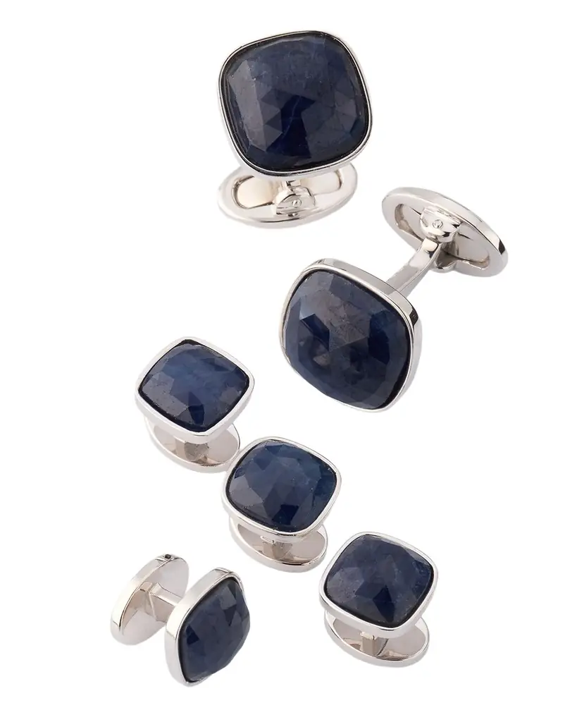 Jan Leslie Men 's Sterling Silver Sapphire Square Cufflink Stud Set