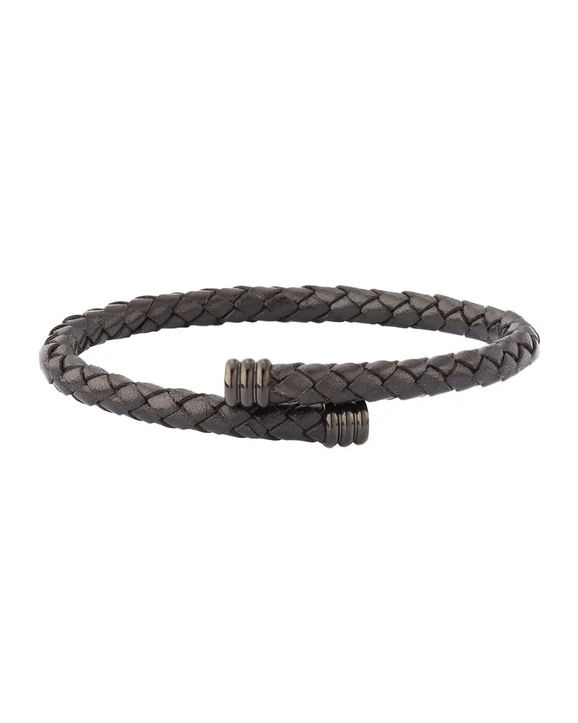 Link Up Men 's Flexible Braided Leather Bracelet with Stainless Steel