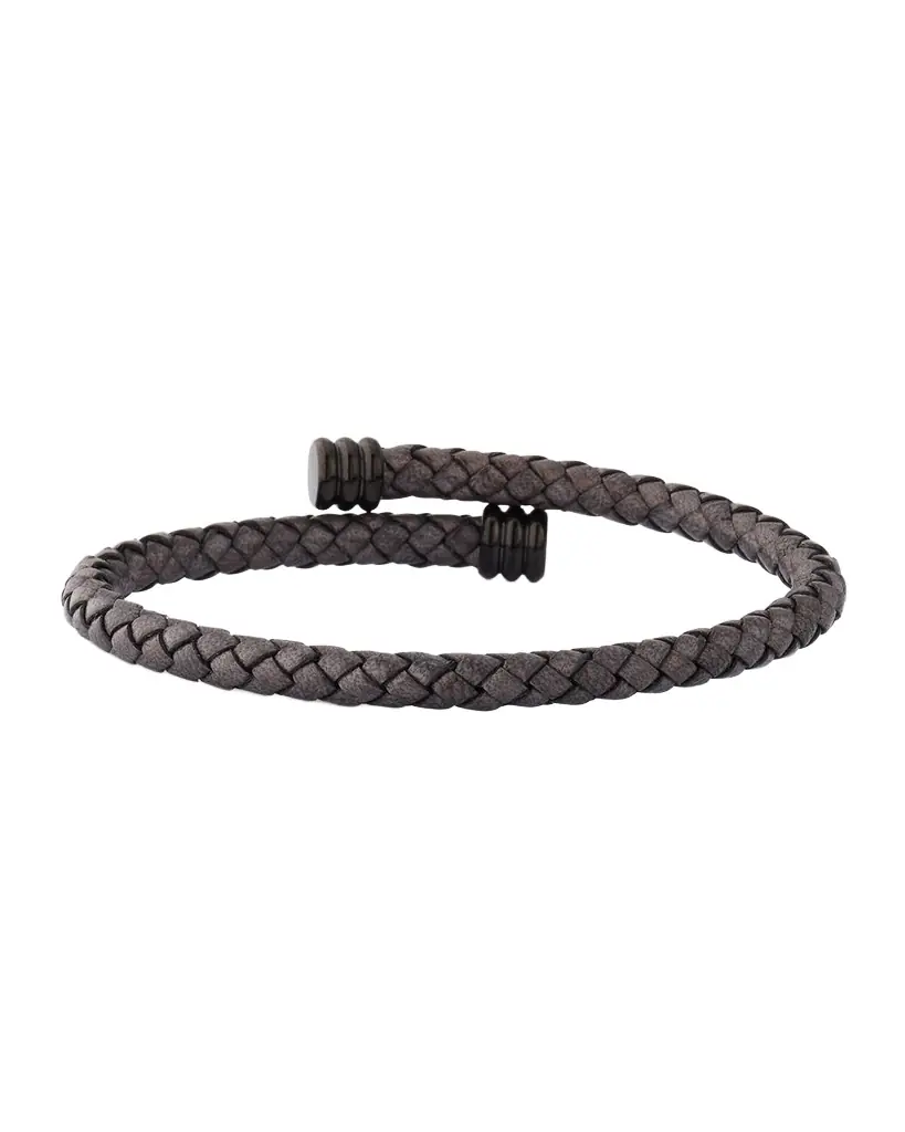 Link Up Men 's Flexible Braided Leather Bracelet with Stainless Steel