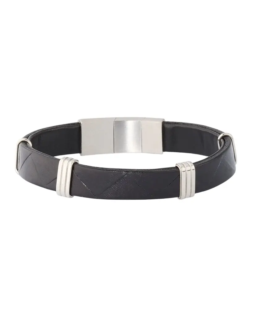 Link Up Men 's Embossed Chevron Leather and Stainless Steel Bracelet