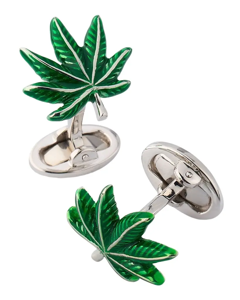 Jan Leslie Men 's Sterling Silver Enamel Cannabis Leaf Cufflinks