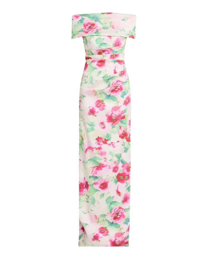 Rickie Freeman for Teri Jon Off-Shoulder Pleated Mikado Column Gown