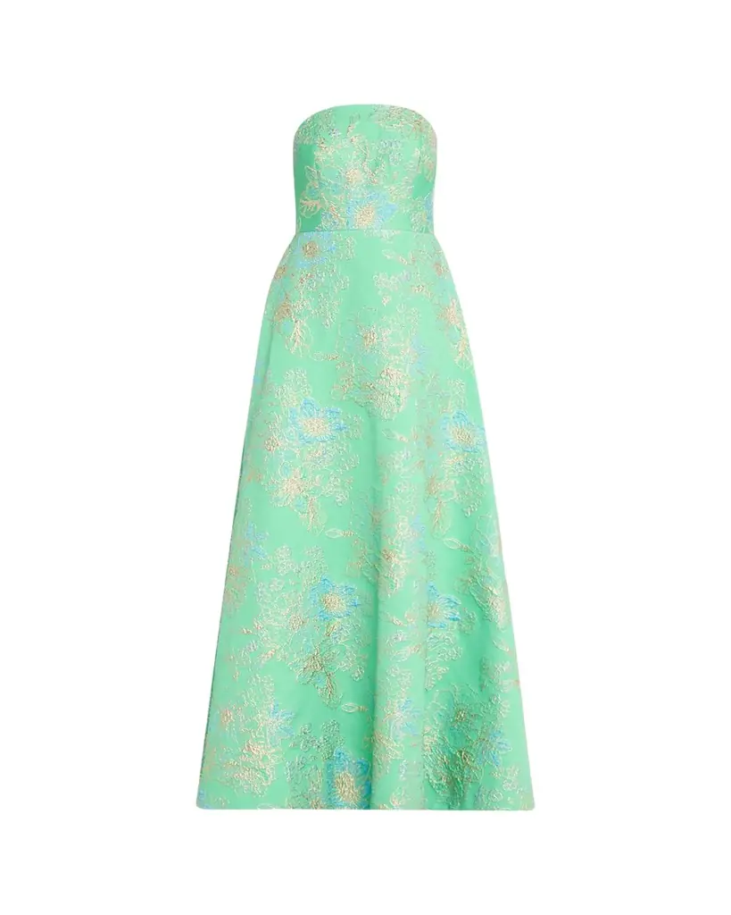 Rickie Freeman for Teri Jon Strapless Metallic Floral Jacquard Gown