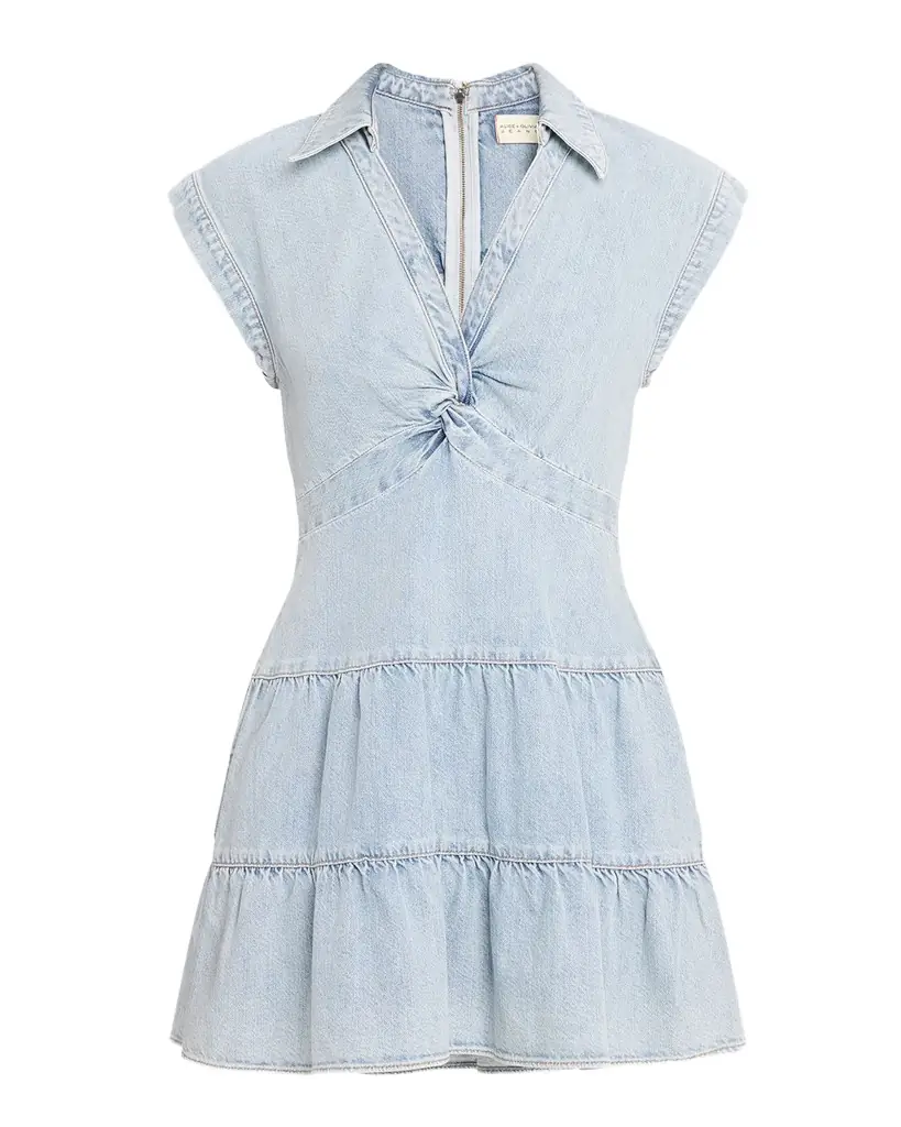 ALICE + OLIVIA Mila Deep V Twist Denim Mini Dress