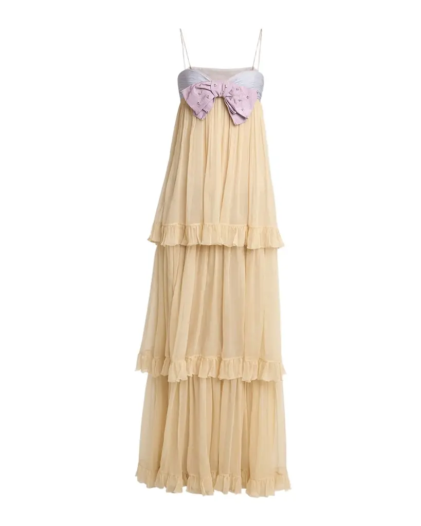 Valentino Garavani Crystal Creponne Bow Tiered Chiffon Babydoll Gown