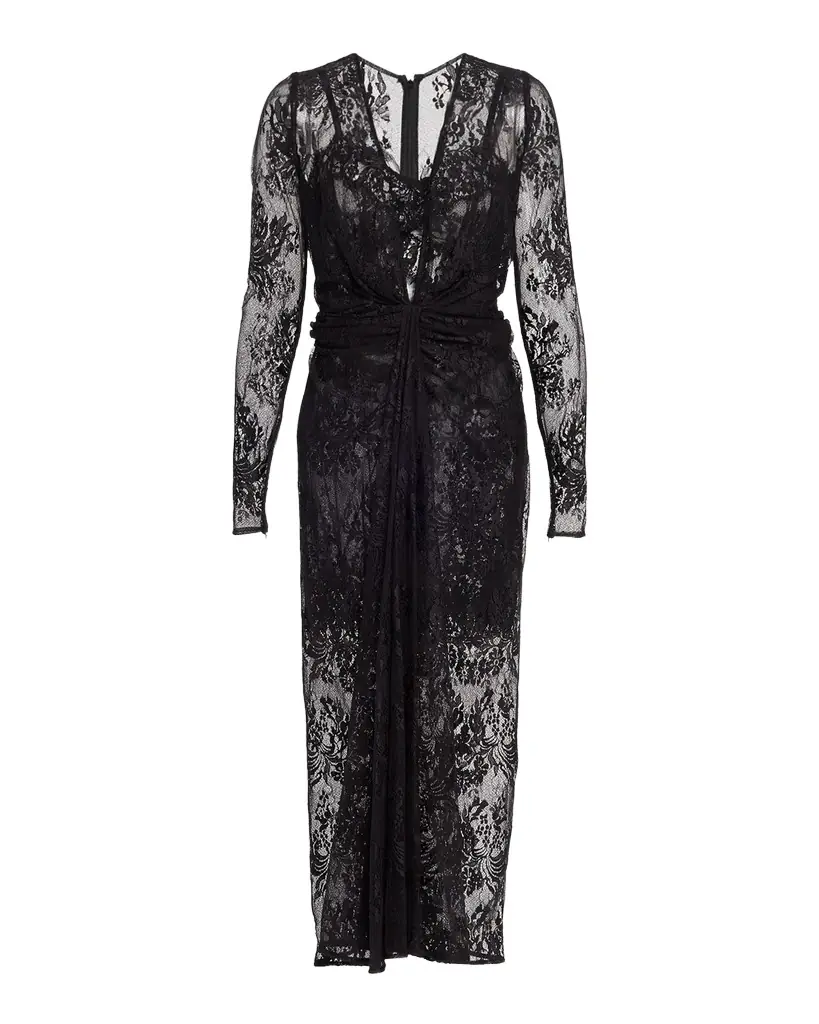 Dolce & Gabbana Plunging Twisted Chantilly Lace Long-Sleeve Midi Dress