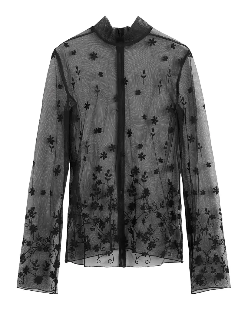 Toteme Turtleneck Floral Tulle Long-Sleeve Blouse