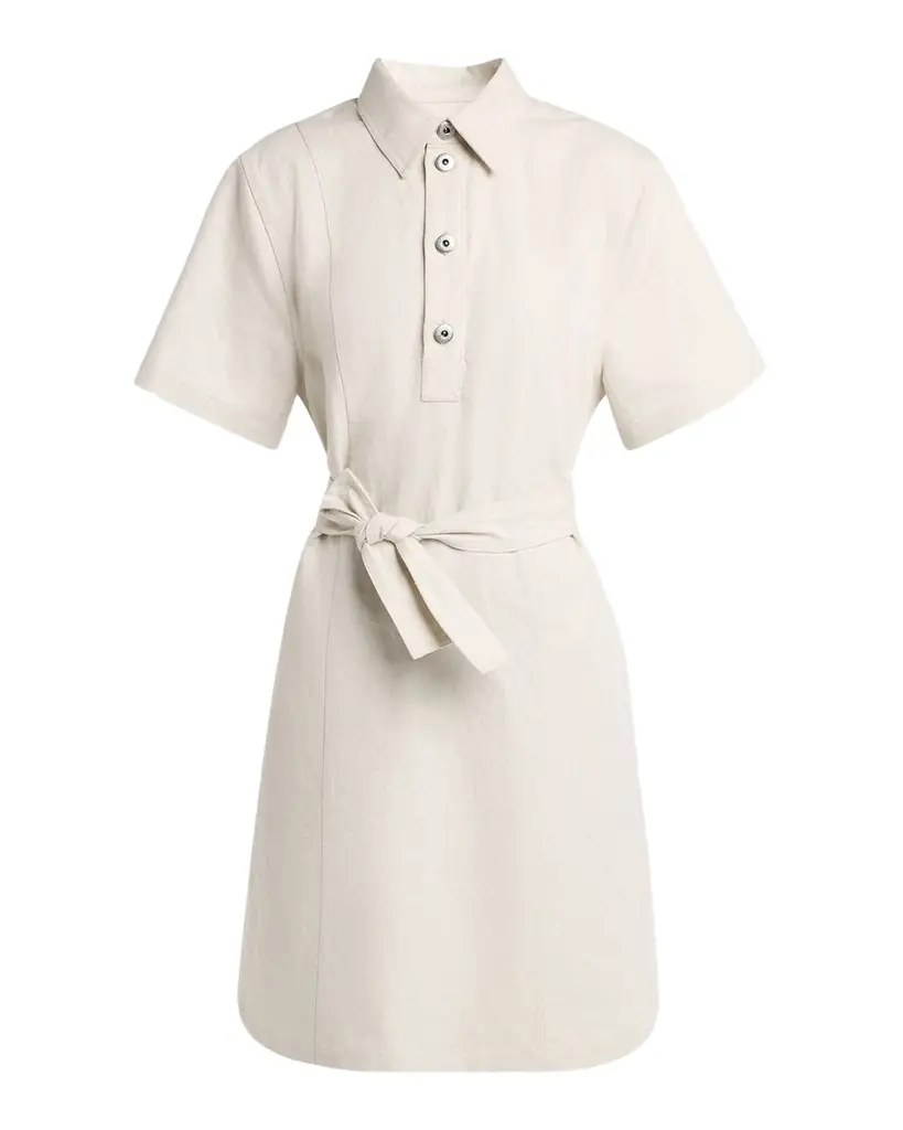 Bottega Veneta Short-Sleeve Belted Cotton-Linen Twill Mini Shirtdress