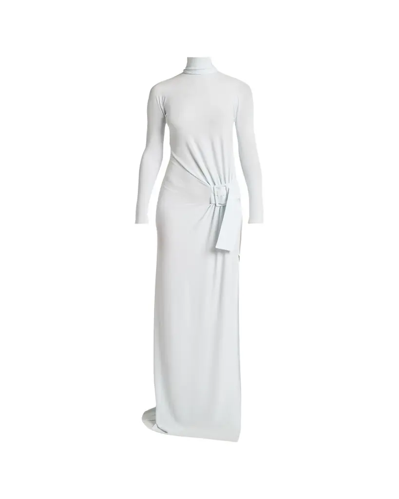 Courreges Turtleneck Belted Crepe Jersey Maxi Dress