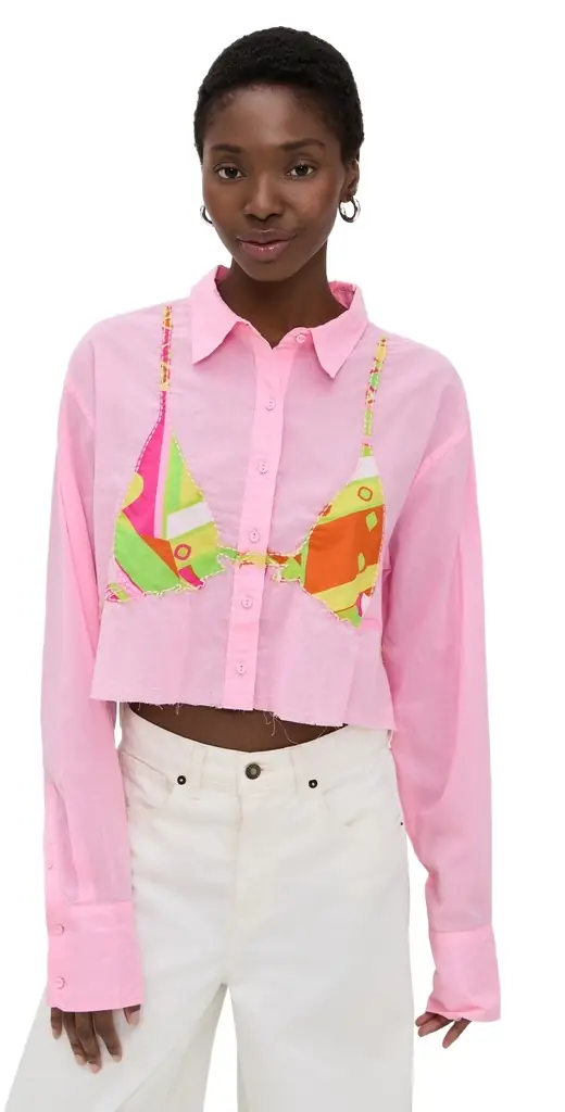 Coniglio Palm Beach Cropped Business Casual Button Down Petal Pink One Size