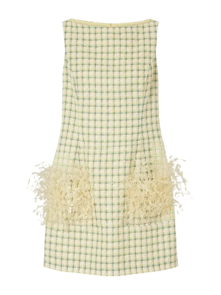 Oscar de la Renta Sequin-embellished Feather-trimmed Checked Cotton-blend Tweed Mini Dress