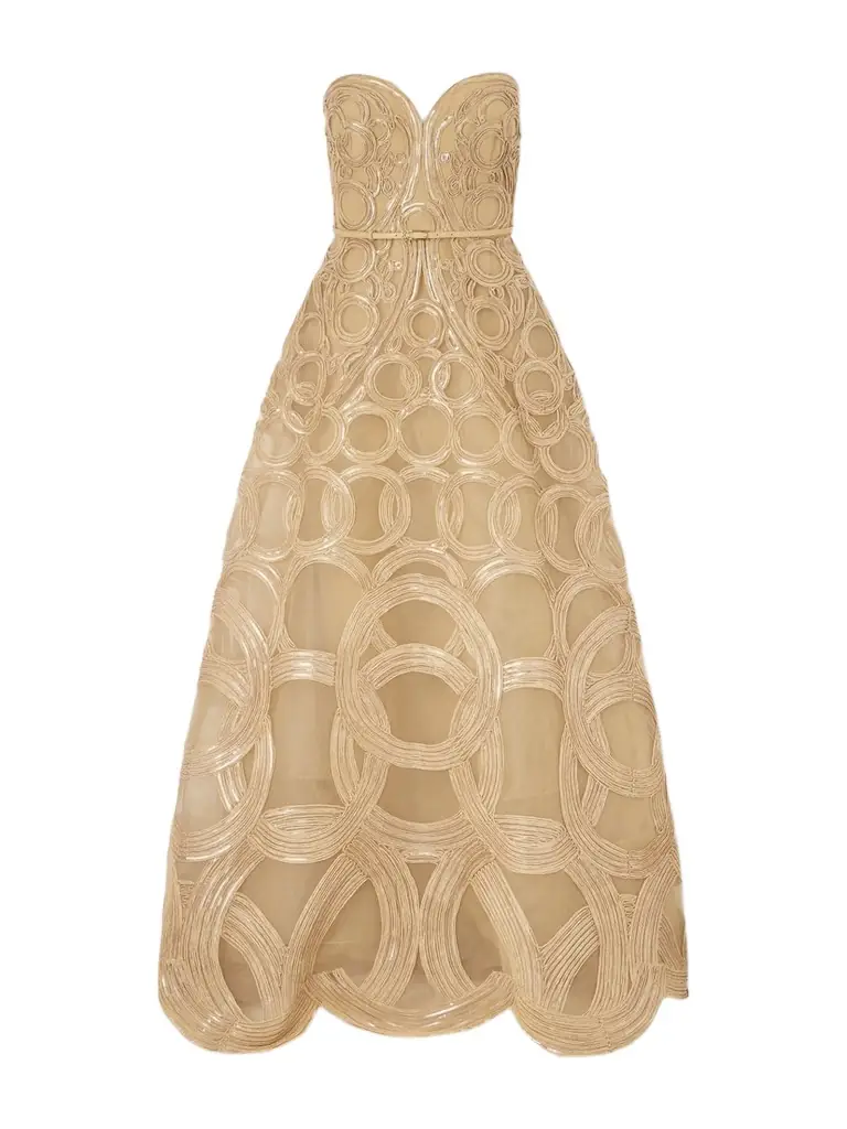 Elie Saab Strapless Sequin-embellished Raffia-trimmed Tulle Midi Dress