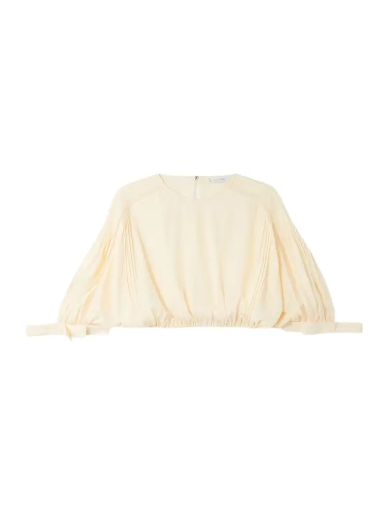 Rabanne Cropped Bow-detailed Lace-trimmed Pleated Crepe Top