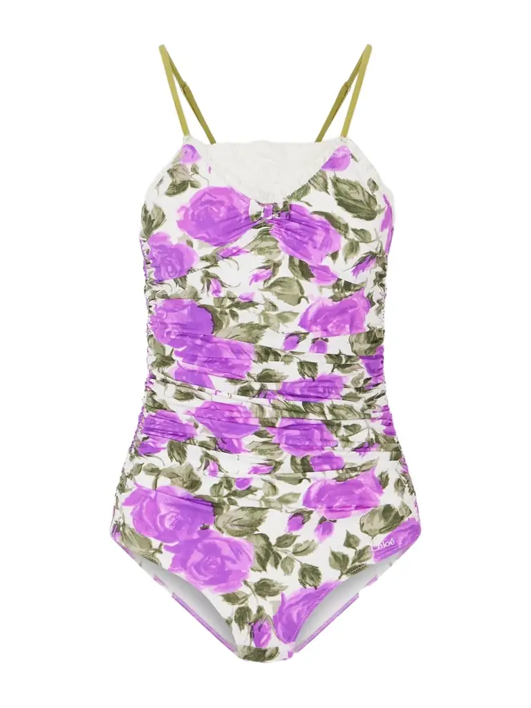 Chloé Bow-detailed Ruched Lace-trimmed Floral-print Swimsuit