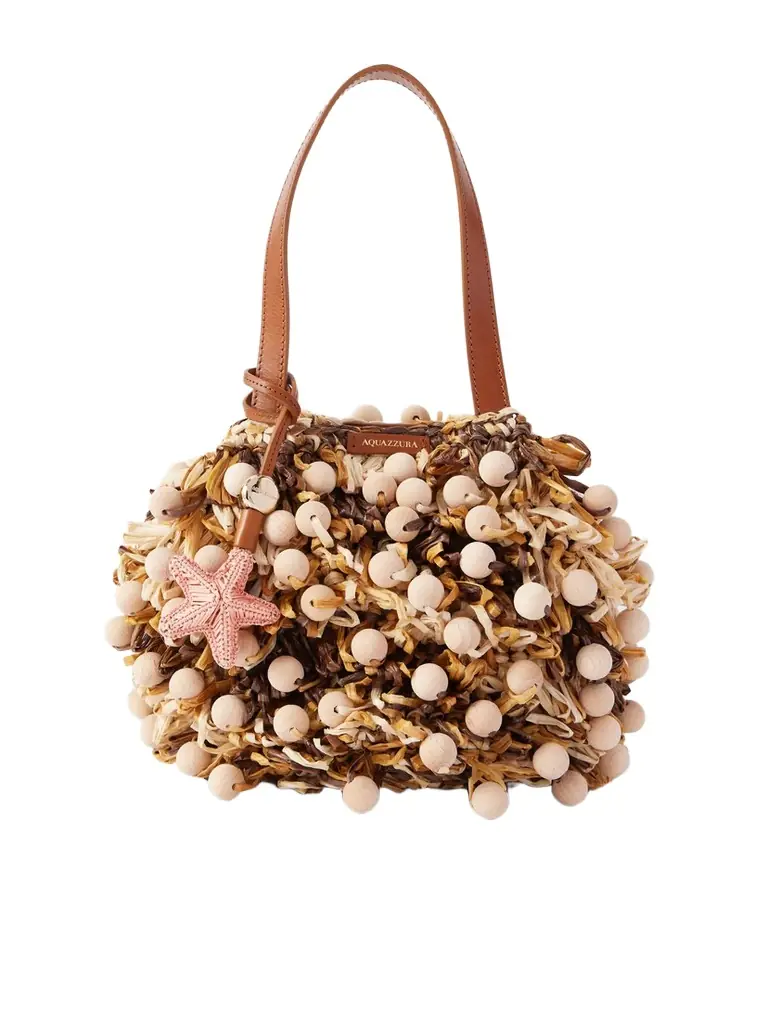 Aquazzura Pom Pom Leather-trimmed Beaded Woven Raffia Mini Bag