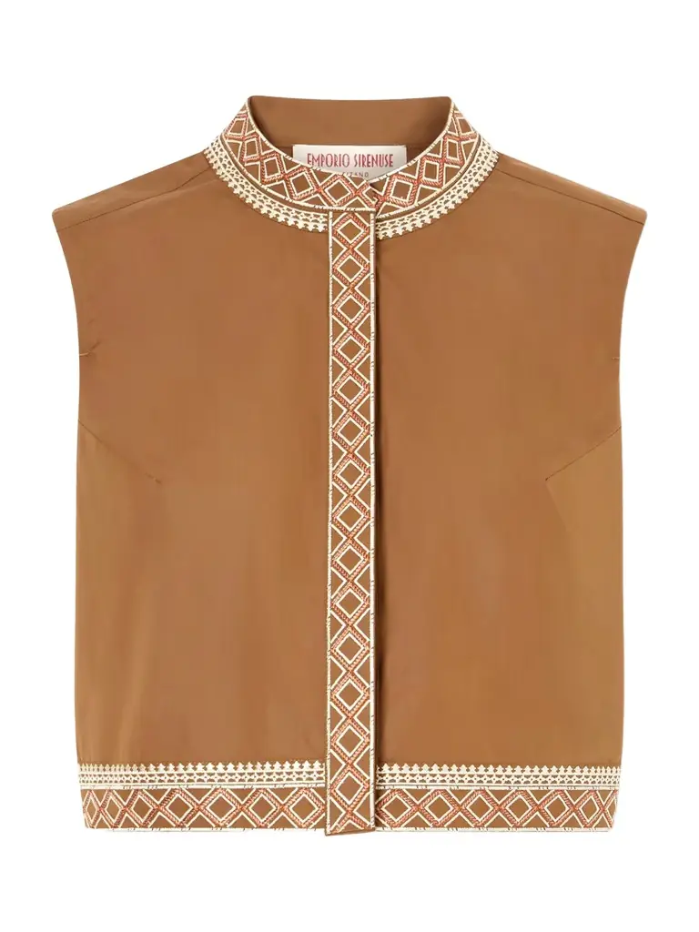 Emporio Sirenuse Andorra Cropped Embroidered Lace-trimmed Cotton-blend Poplin Top