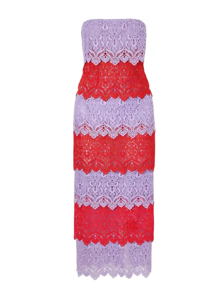 Carolina Herrera Strapless Tiered Lace Midi Dress