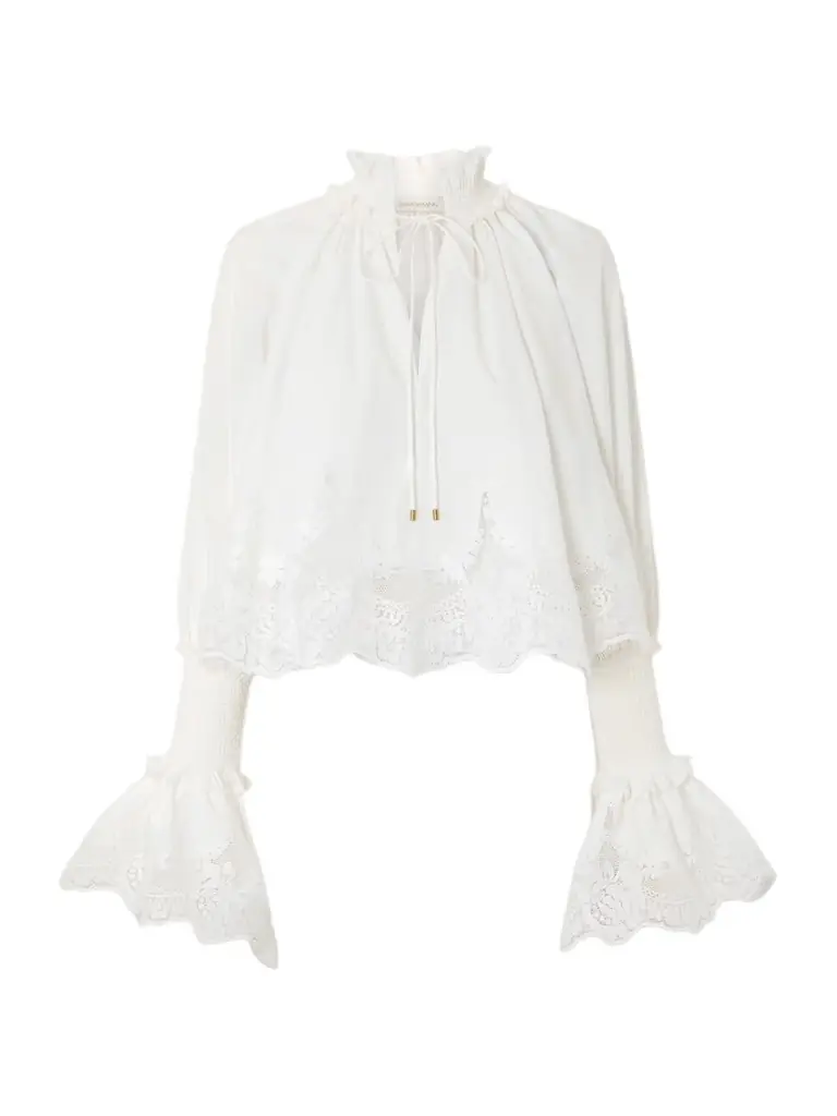 Zimmermann Lace-trimmed Shirred Cotton Blouse