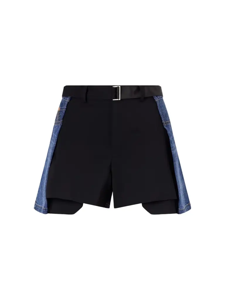 Sacai Belted Wool-trimmed Denim Shorts