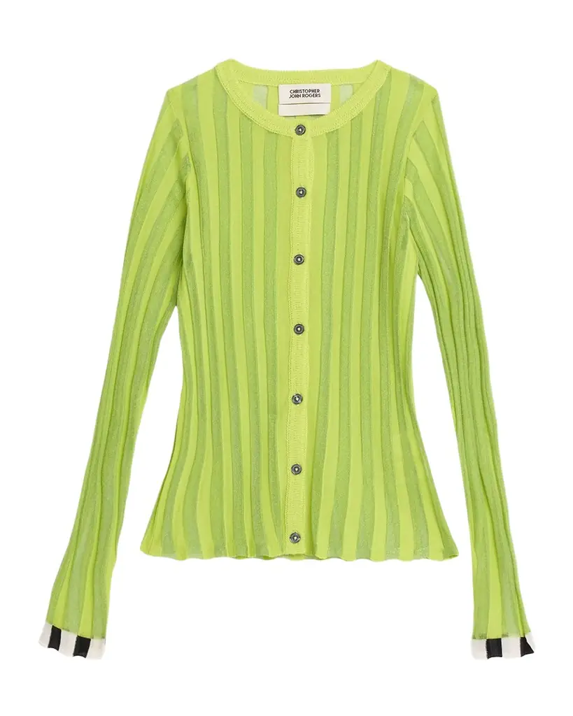 CHRISTOPHER JOHN ROGERS Pleated Knit Crewneck Cardigan