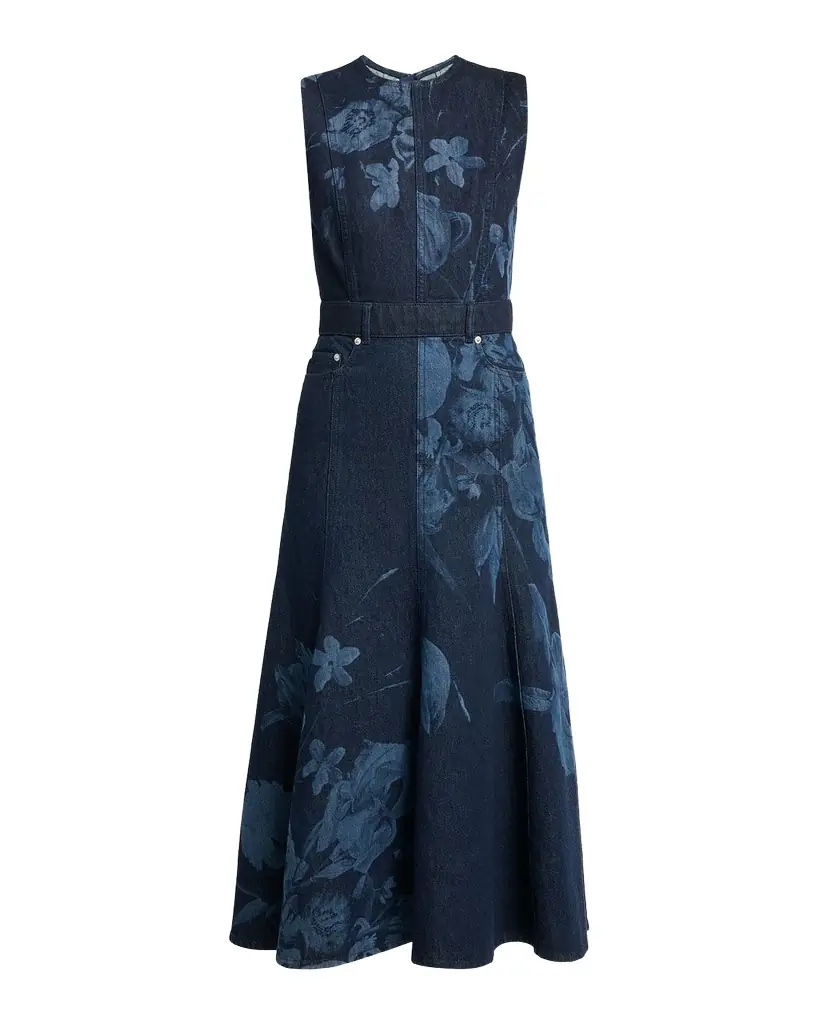 Erdem Floral-Print Denim Sleeveless Flute Midi Dress