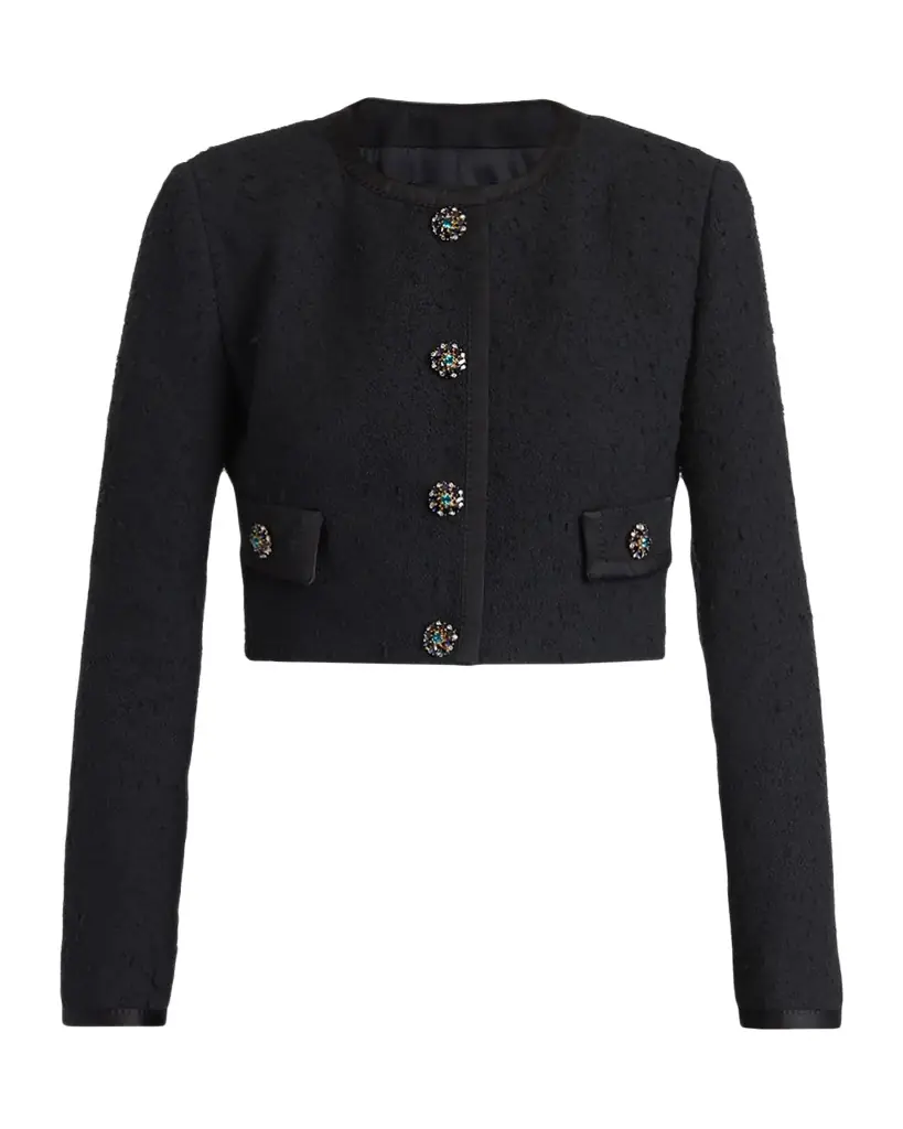 Dolce & Gabbana Crystal Button Boucle Crop Collarless Jacket