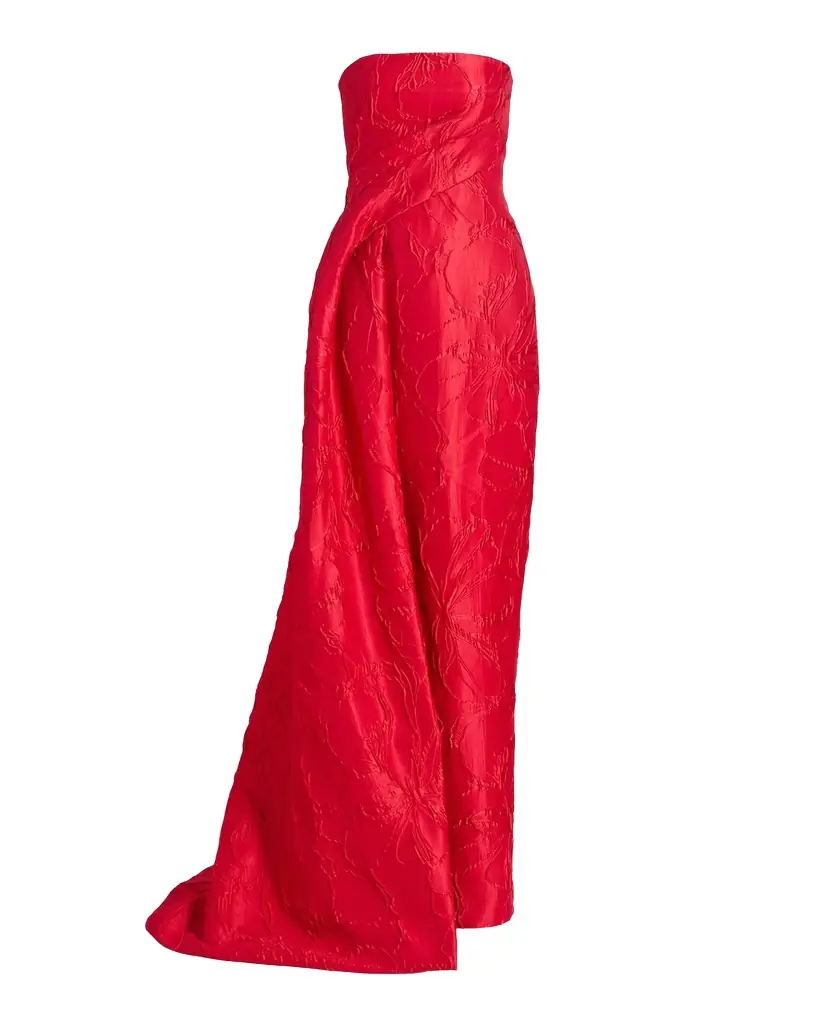 Monique Lhuillier Strapless Rose Jacquard Drape Column Gown