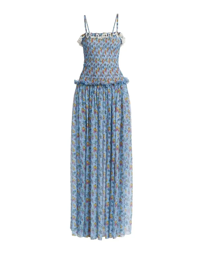 Dolce & Gabbana Floral Smocked Chiffon Sleeveless Maxi Dress
