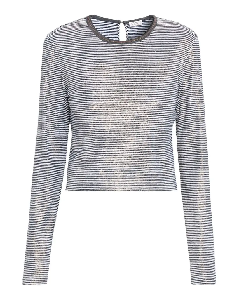 Brunello Cucinelli Glossy Summer Striped Long-Sleeve Crop T-Shirt - Women's Clothing