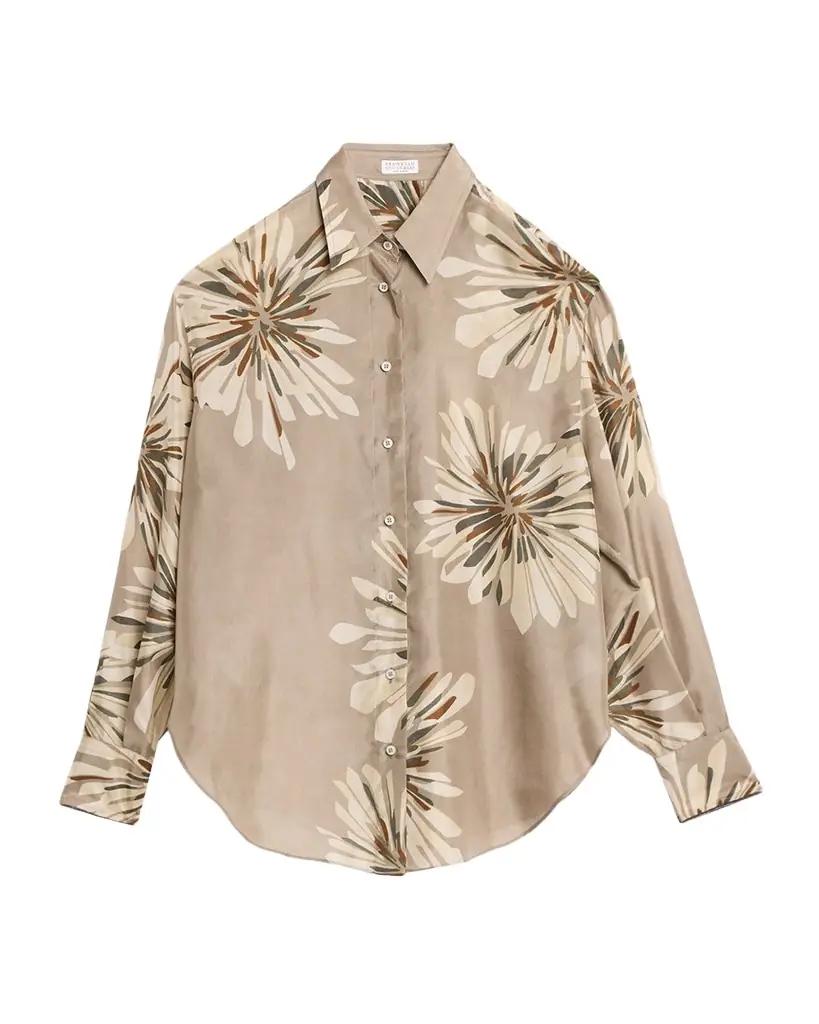 Brunello Cucinelli Abstract Dahlia Silk Button-Down Shirt