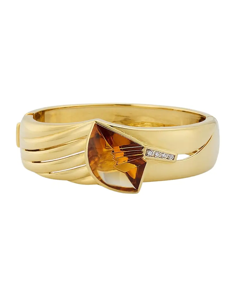 NM Estate Estate 18K Yellow Gold Citrine and Diamond Bangle Bracelet