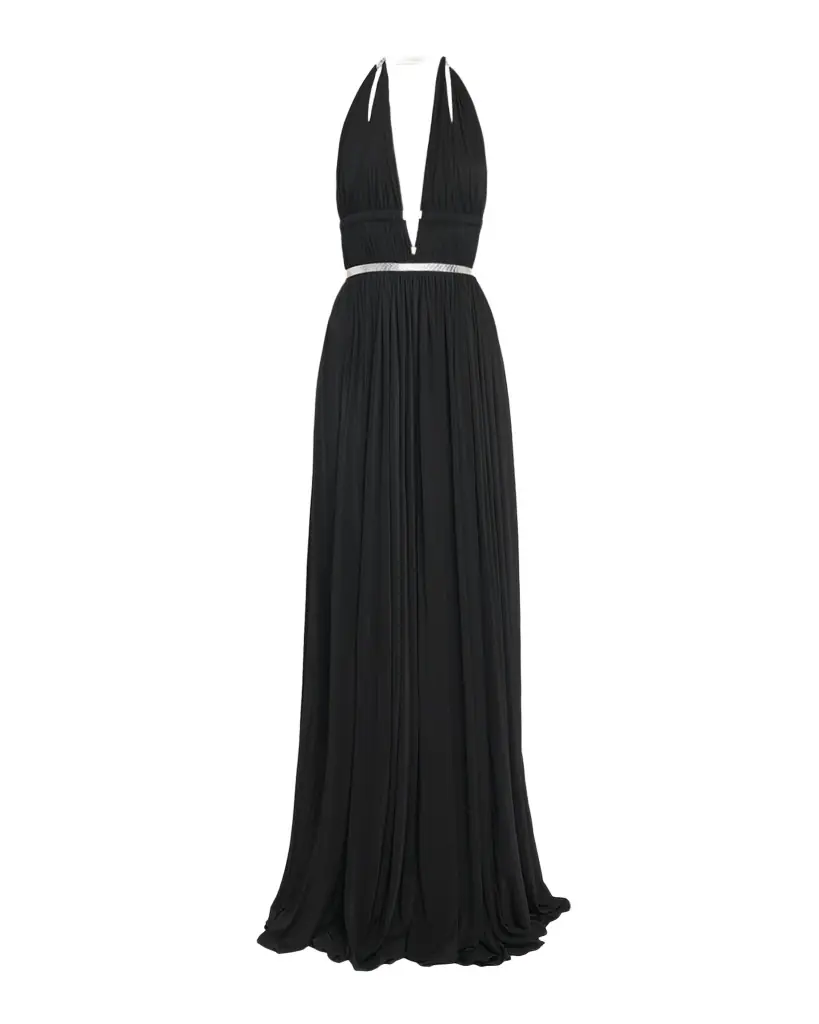 ALAIA Deesse Leather-Trimmed Pleated Jersey Gown