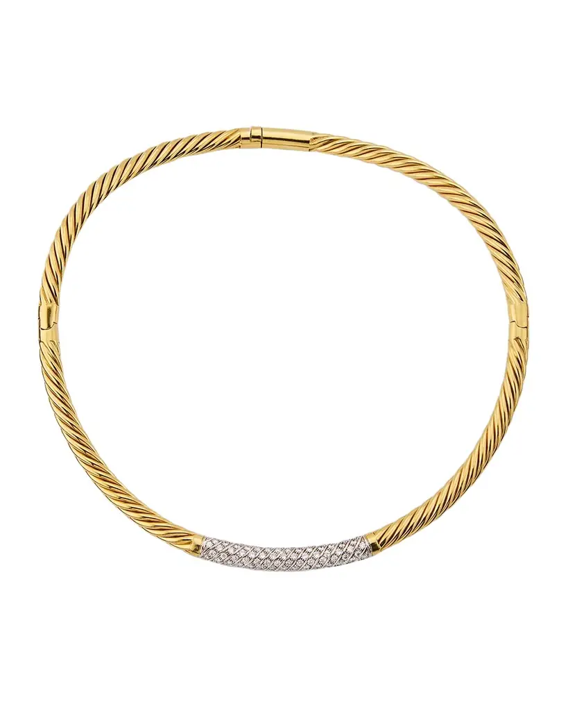 NM Estate Estate 18K Yellow Gold and White Gold Pave Diamond Twisted Wire Double Hinged Choker Necklace