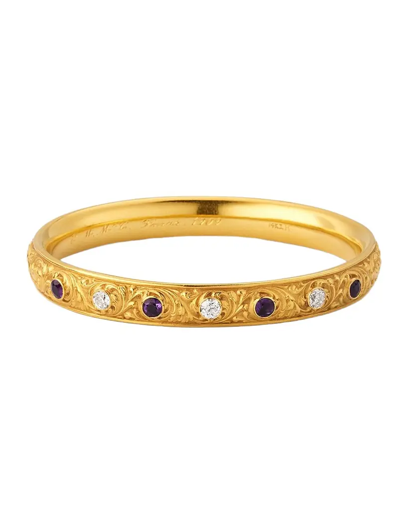 NM Estate Estate Krementz 14K Yellow Gold Amethyst and Diamond Bangle Bracelet