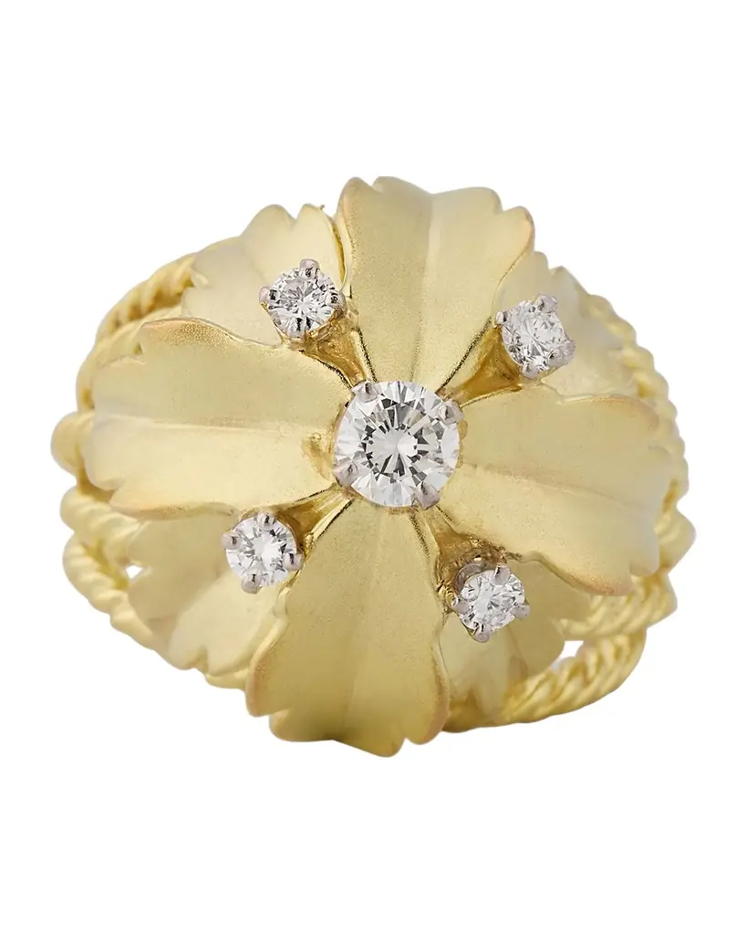 NM Estate Estate 14K Yellow Gold Diamond Floral Leaf Rope Shank Ring, Size 6.5