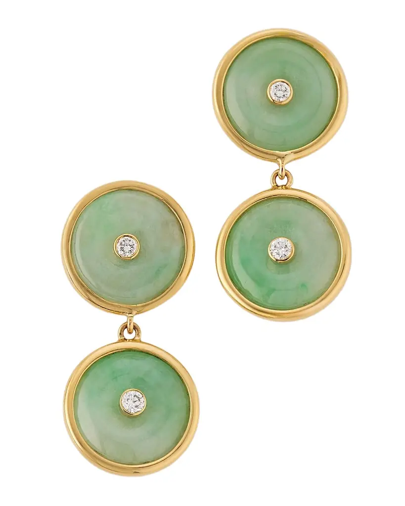 NM Estate Estate 18K Yellow Gold Jadeite Diamond Bezel Set Dangle Drop Earrings