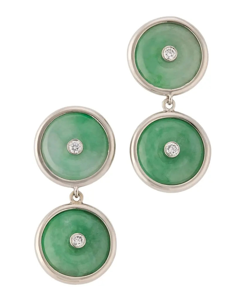 NM Estate Estate Platinum Jadeite Diamond Bezel Set Dangle Drop Earrings