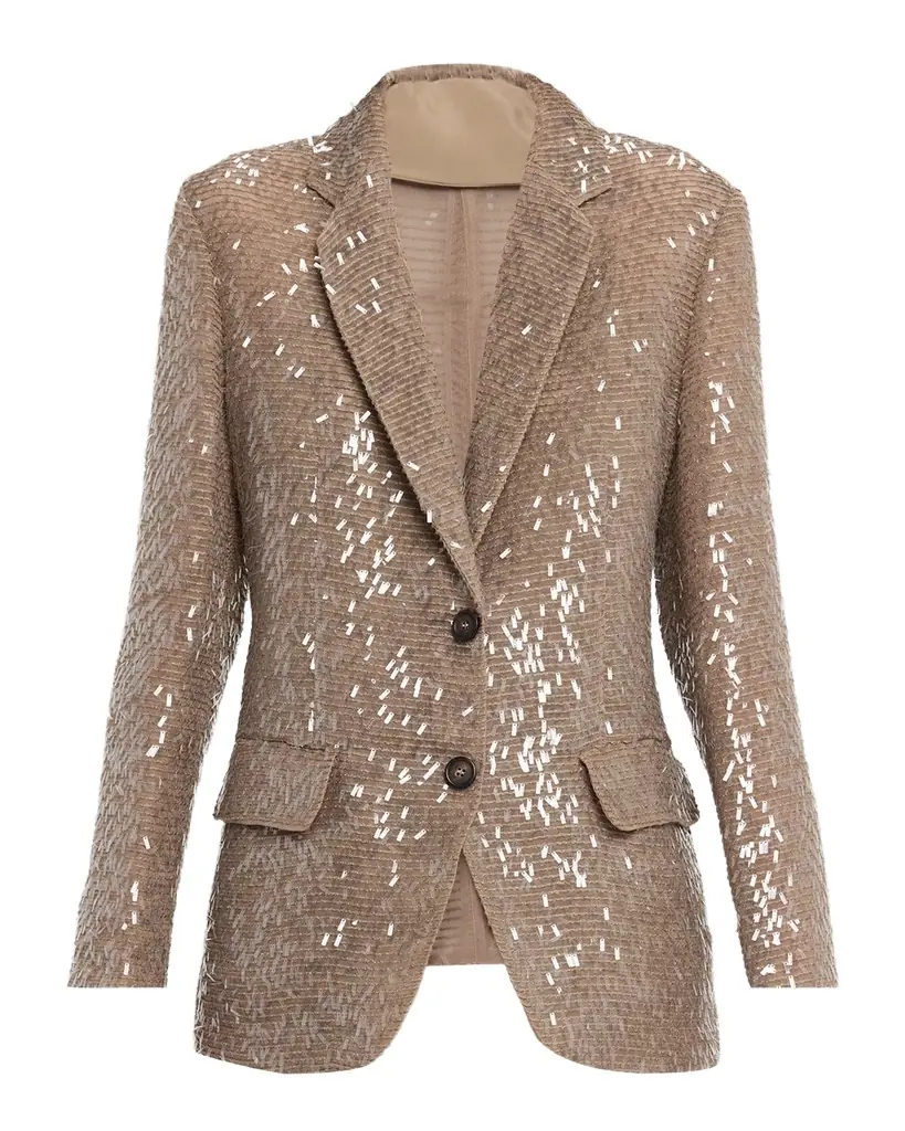 Brunello Cucinelli Dazzling Embroidered Crispy Silk Single-Breasted Blazer